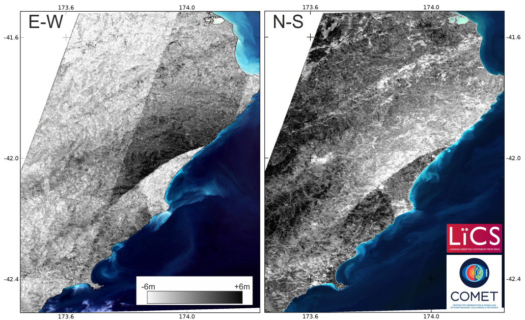 Maps of E-W and N-S displacement from image matching of the 10m resolution Sentinel-2A data