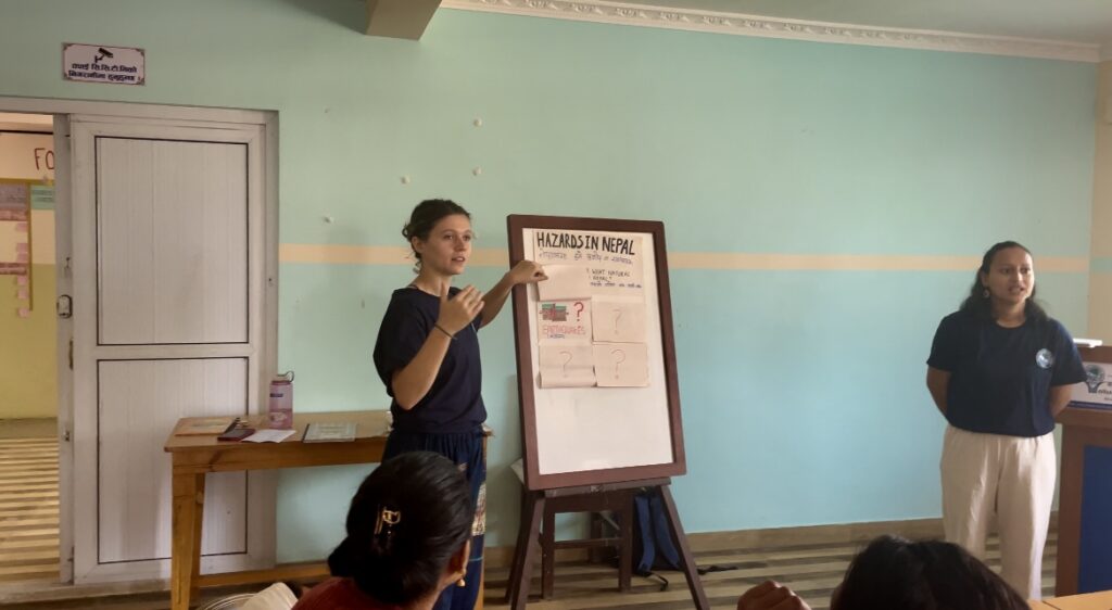 Nirmala and I delivering a session on hazards and preparedness in Nepal. Trialling a lecture-style format for comparison with uptake for the game.