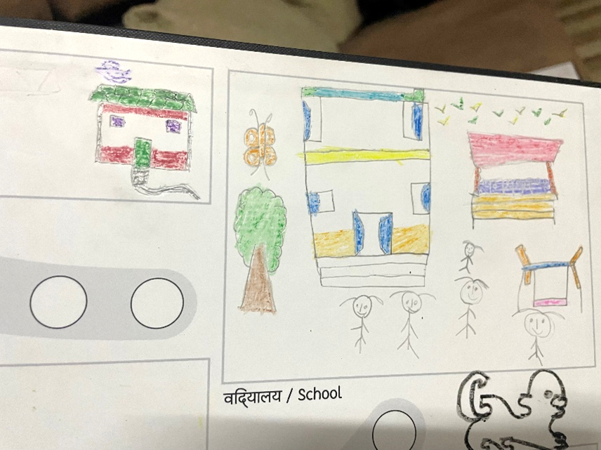 Some of the children’s drawings. Houses, their school, a butterfly, and a Nepali dog.